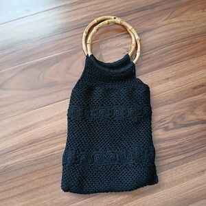 Chic Black Crocheted Tote with Bamboo Handles